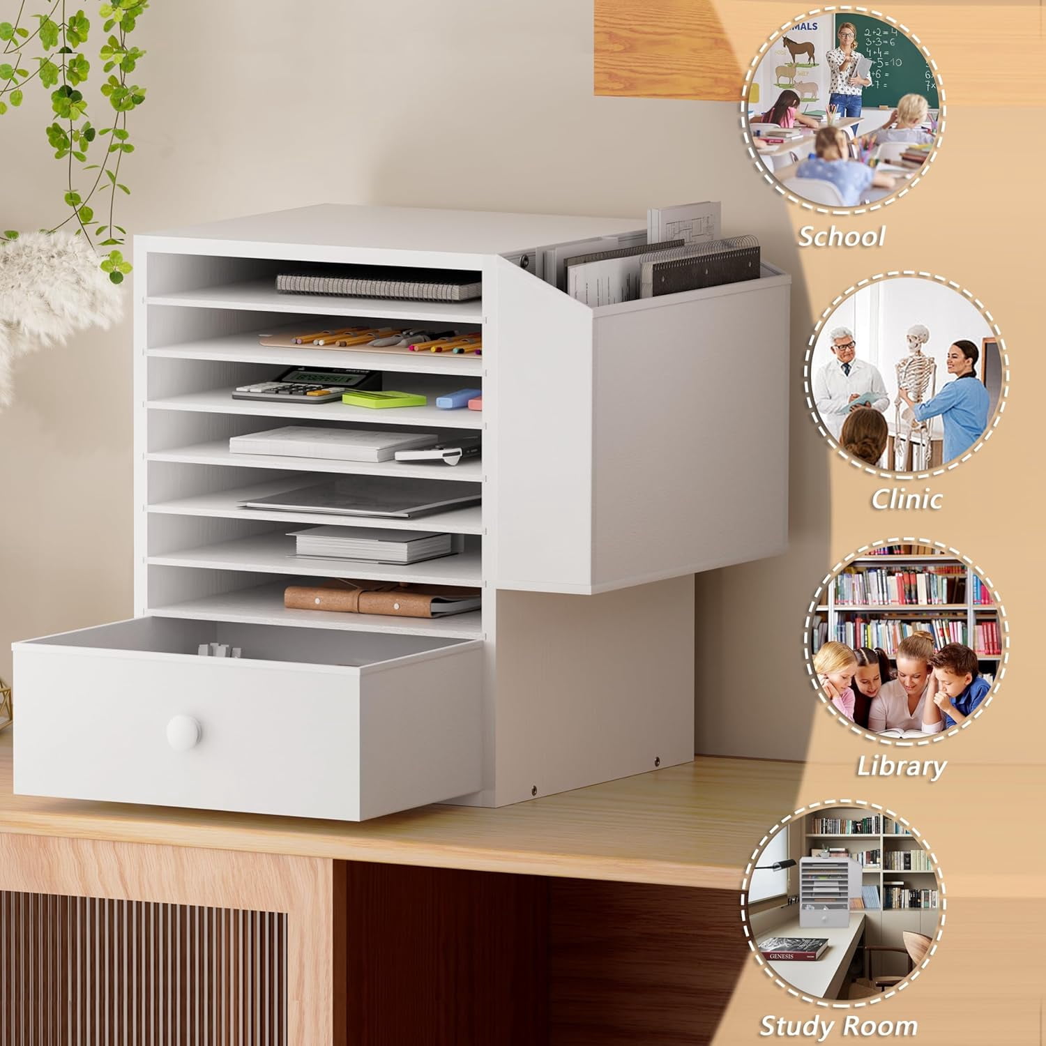 Wooden 12X12 Scrapbook Paper Organizer,7 Tier Adjustable Desktop File sorter with drawer,Craft&Stamp Cardstock Storage with Side Pocket&Name Slots for classroom,home offce，White