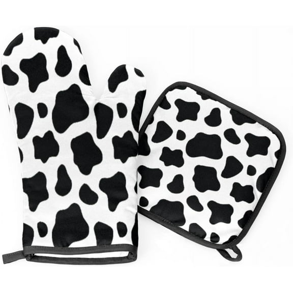 Cow Printing Oven Mitts & Pot Holders Sets - Heat-Resistant Thick Cotton Lined Non-Slip Kitchen Glove Hot Pads for Baking Cooking Grilling BBQ