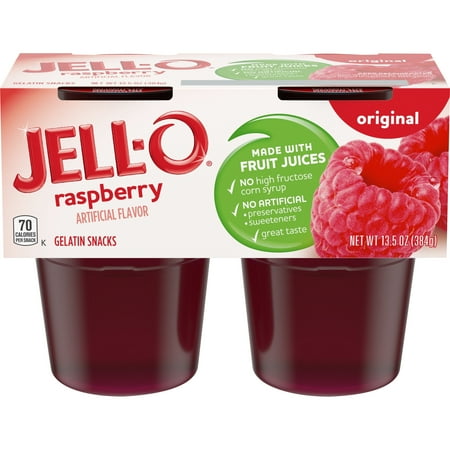 Jell-O Original Raspberry Ready-to-Eat Jello Cups Gelatin Snack, 4 ct Cups