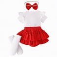 thumbnail image 7 of Kaprioy Baby Girl Outfit Girls Clothes Short Sleeved Fruit Printed Ruffle Sleeve Knitted Romper Bodysuit Short Solid Skirt Pants Suit Bow Headband Stockings Set, 7 of 7