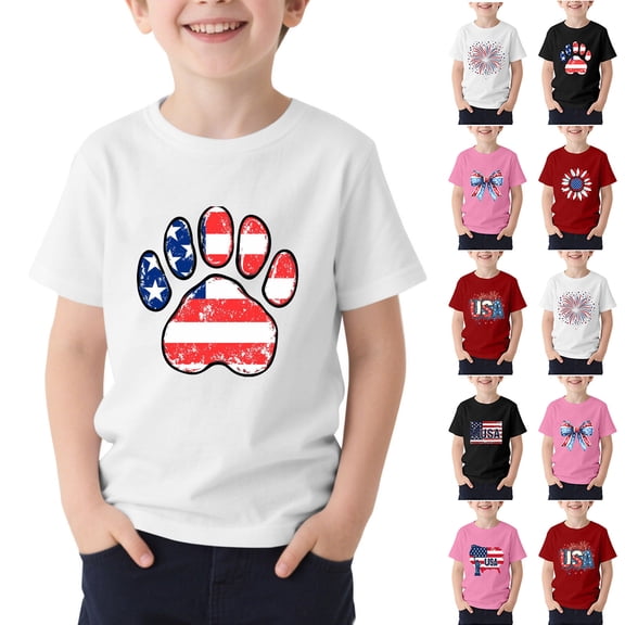 MKOSPLRT Girls 4th of July Shirt, Cute American Flag Stars Stripes Print Crew Neck Short Sleeve T-Shirt Pink 9-10Years