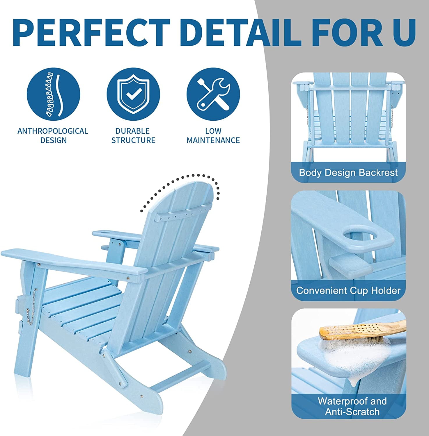 VINGLI HDPE Adirondack Chair, Blue with Cup Holder