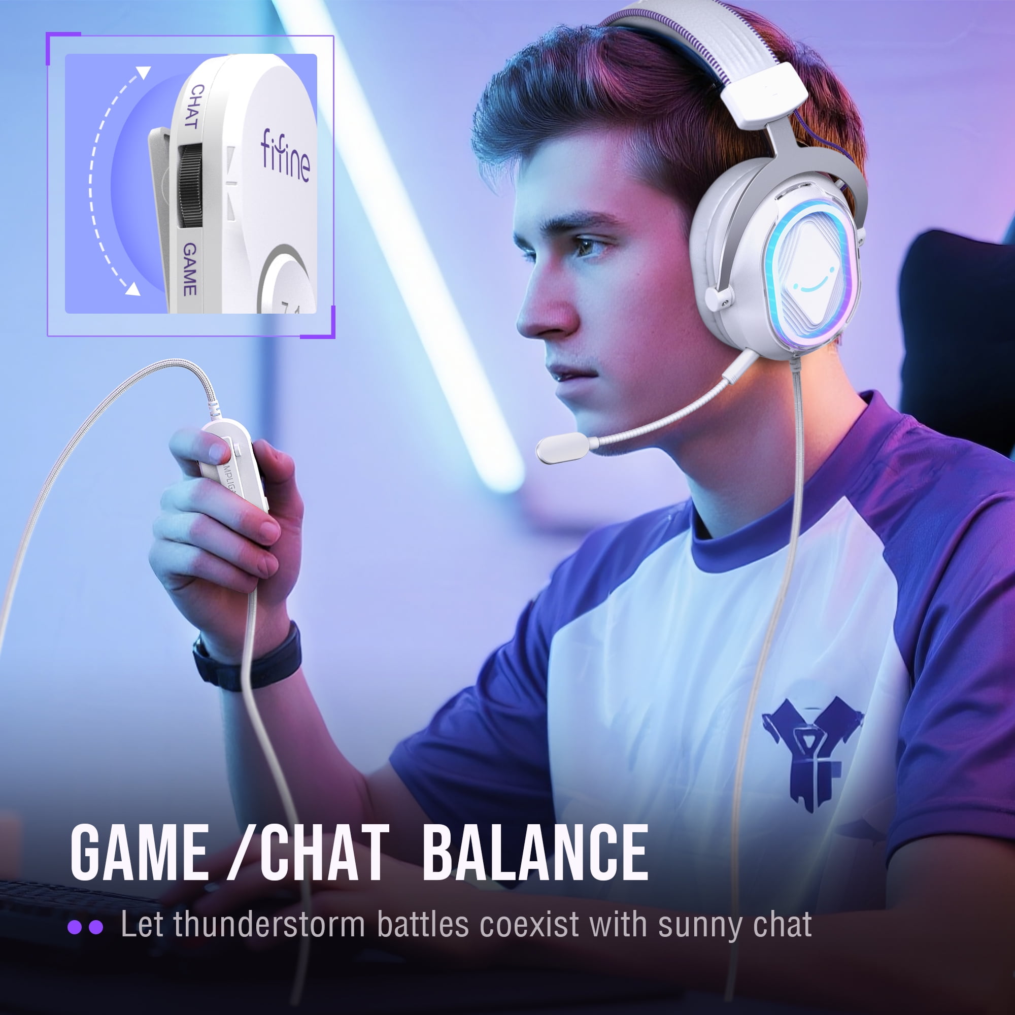 FIFINE Wired Gaming Headset with Noise Canceling Mic, USB Gamer Headphone for PC Computer, PS5/PS4 with RGB Control, 7.1 Sound, Chat/Game Balance, White H13