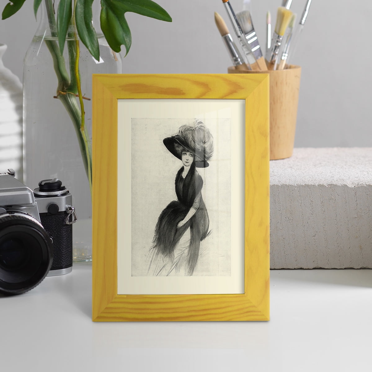 Feather Hat II -Framed Print w/glass-Sunflower Yellow