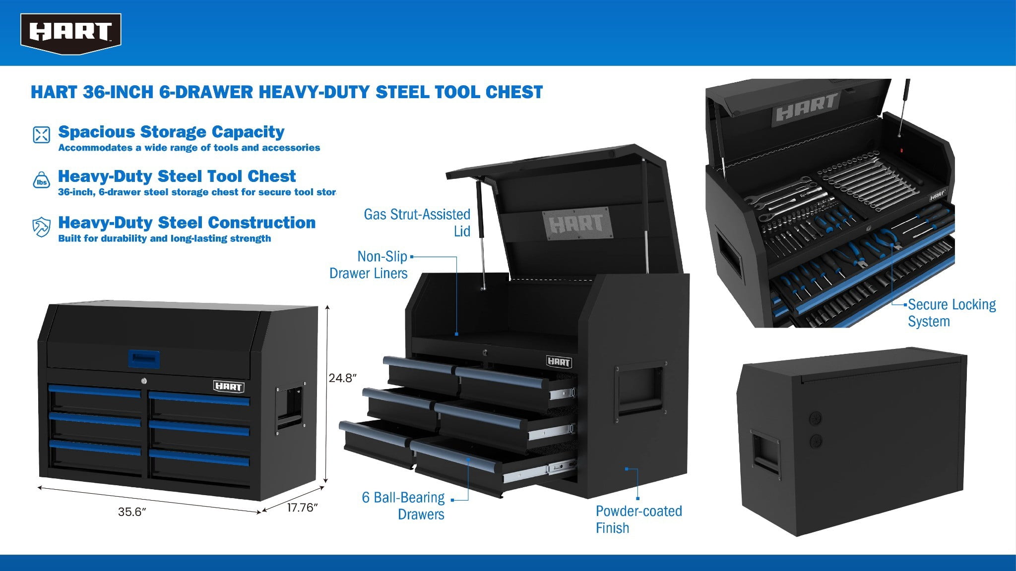 HART 36-Inch 6-Drawer Heavy-Duty Steel Tool Chest, Locking Storage, Garage Organizer