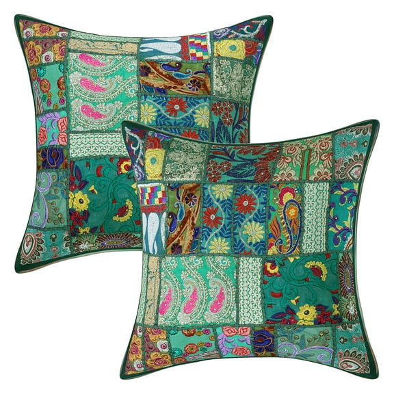 Stylo Culture Ethnic Cotton Living Room Throw Pillow Covers Dark Green 20 x 20 Bohemian Vintage Patchwork Ethnic Sofa Cushion Covers 50x50 cm Decorative Abstract Square Pillow Cases | Set Of 2