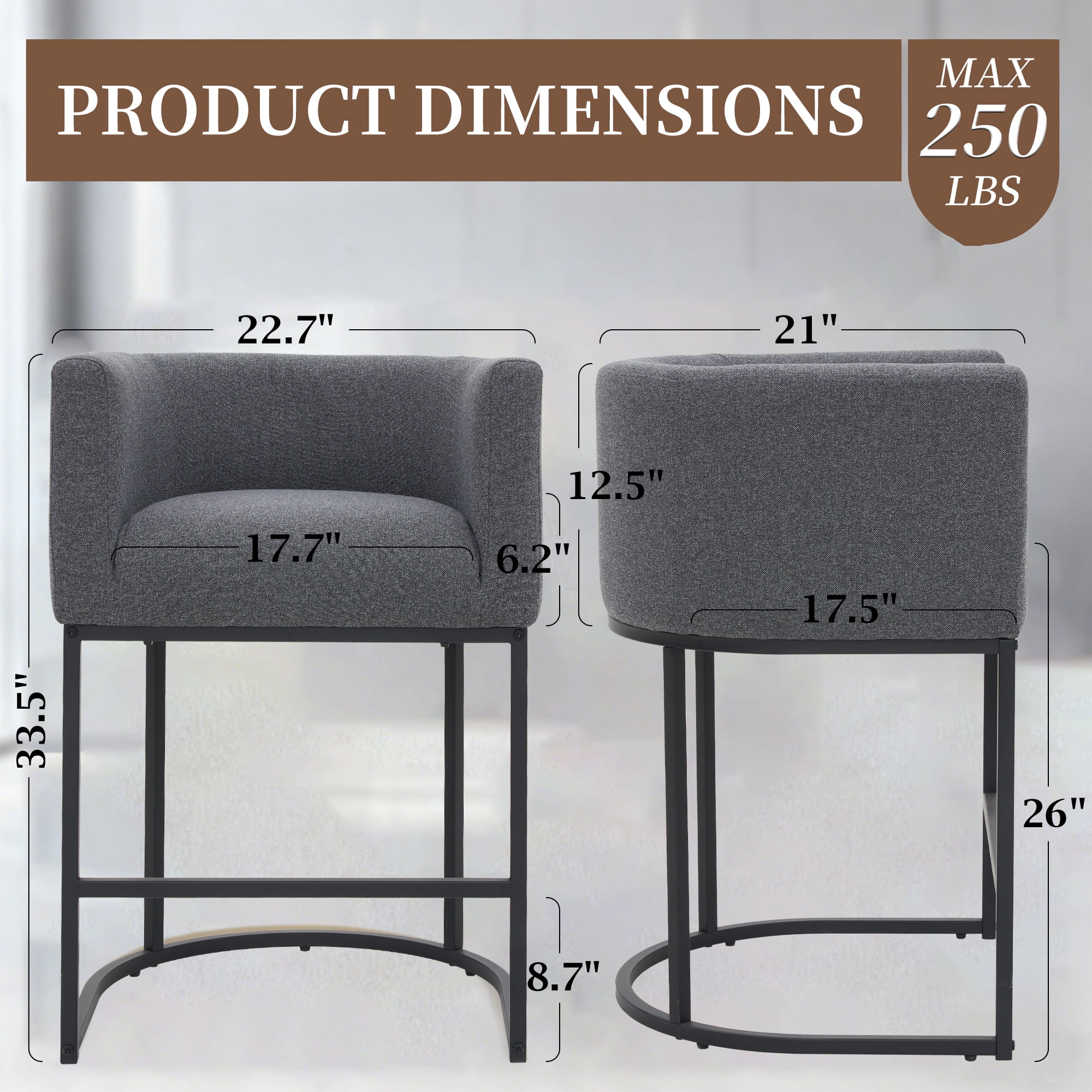 ClinQ Counter Height Bar Stool Set of 3, 26 in Fabric Upholstered Seat, Metal Legs for Indoor Dining Room and Kitchen Island, Darkgray
