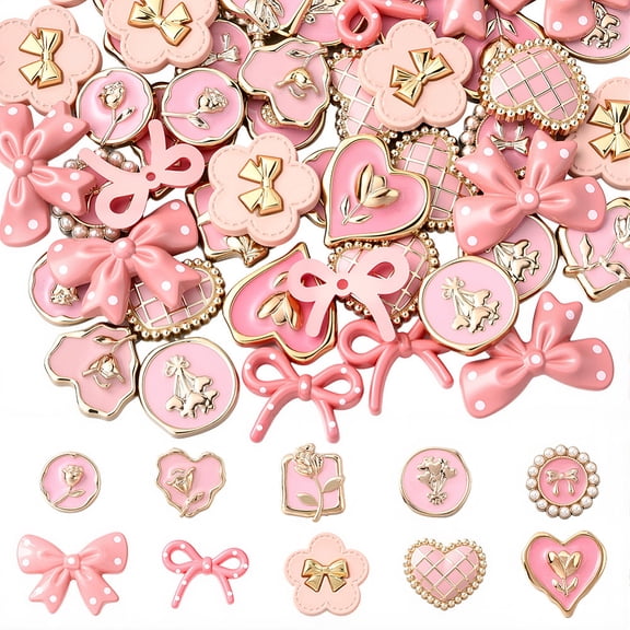 60Pcs 10 Styles Hair Charms Flatback Enamel Resin Charms Pink Coquette Aesthetic Heart Flower Tulip Bowknot Cabochons Embellishments Findings