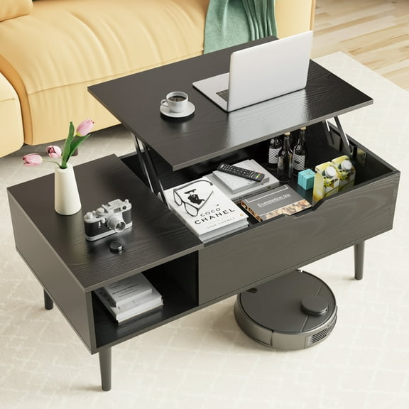 EverPick Lift Tabletop Coffee Tables for Living Room with Storage Shelf and Hidden Compartment - Black