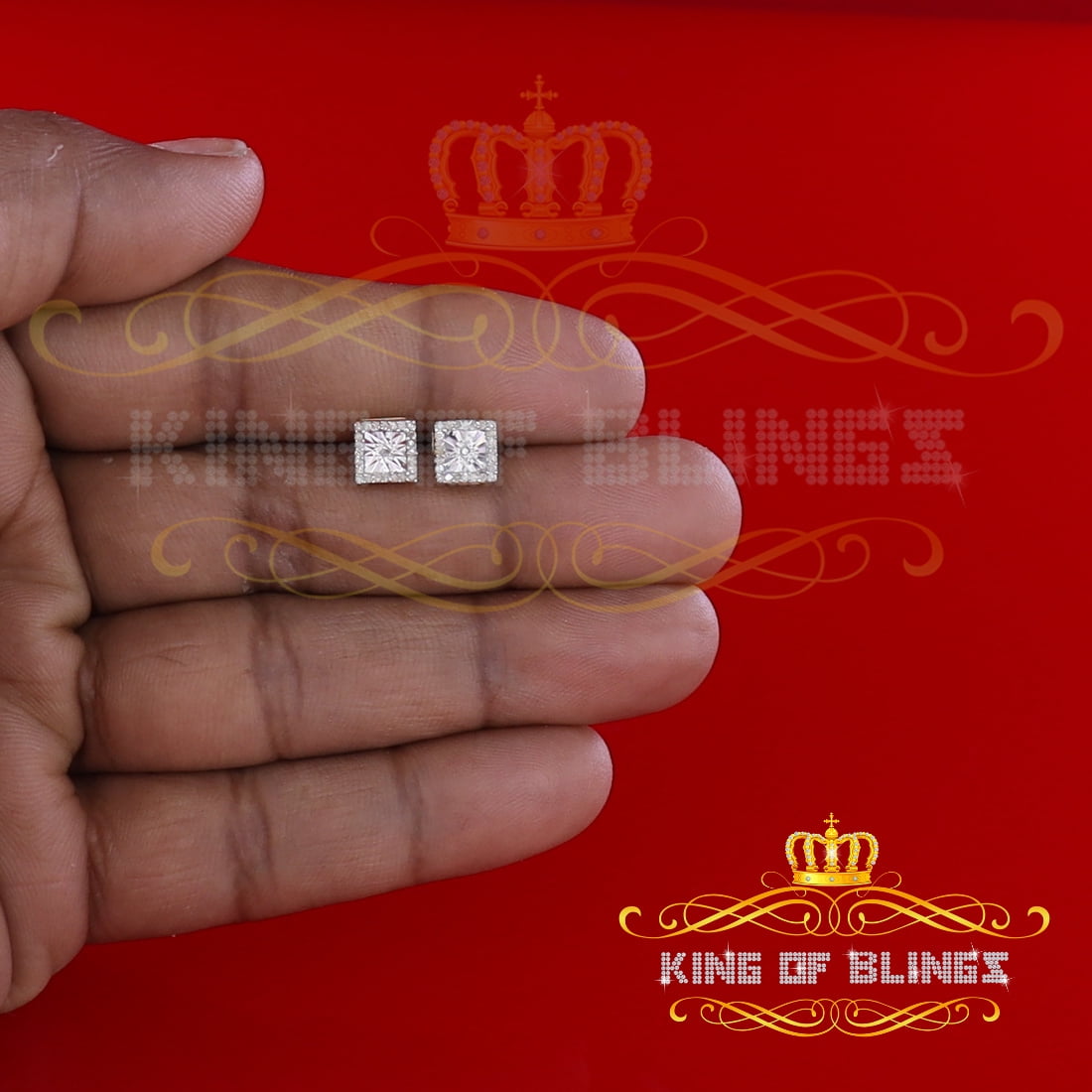 King of Bling's Square 925 Yellow Silver 0.10ct Genuine Diamond Women's/ Men's Stud Earrings