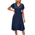 thumbnail image 2 of ClodeEU Women's V Neck Short Sleeve Dress ,Ruffle Sleeve Tie Waist Casual Midi Dress Navy,Womens Plus M, 2 of 5