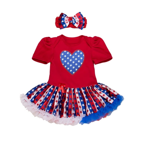 StylesILove Infant Toddler Baby Girl 4th of July American Flag Holiday Short Sleeve Romper Tutu Dress and Headband 2 pcs Set Outfit