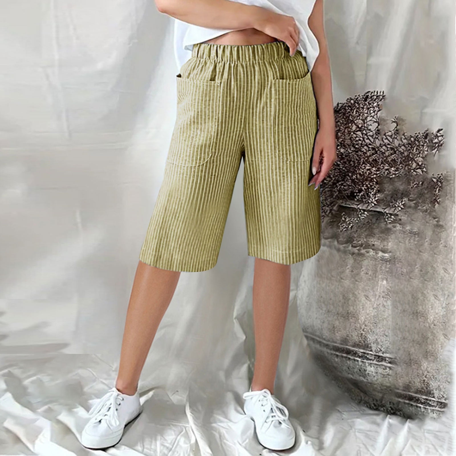 Aherbiu Summer Shorts For Women High Waisted Straight Leg Half Pants Striped 1 2 Trousers With Pockets Grey L