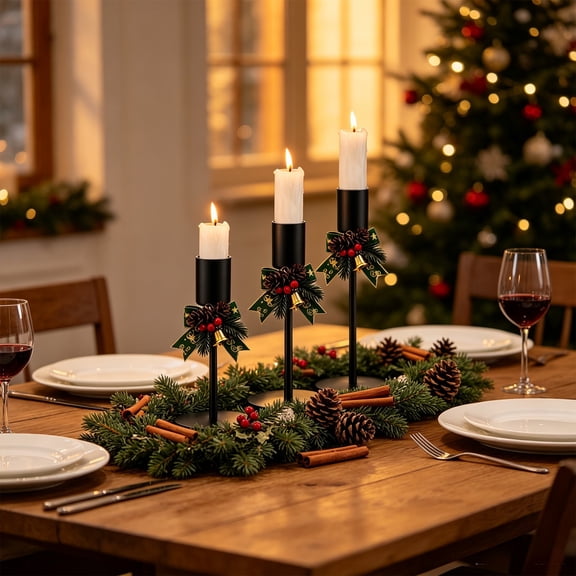 Taper Candle Holders Set of 3, Metal Iron Candlestick Holders with Bow Pinecone Berry Christmas Tabletop Decor for Dining Table Mantel Holiday Centerpiece