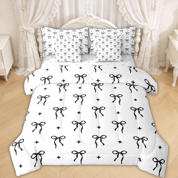 Erosebridal Kawaii Bow Bedding Comforter Set for Girls Women, White Black Stars Full Bedding Set, Reversible, 7-Piece