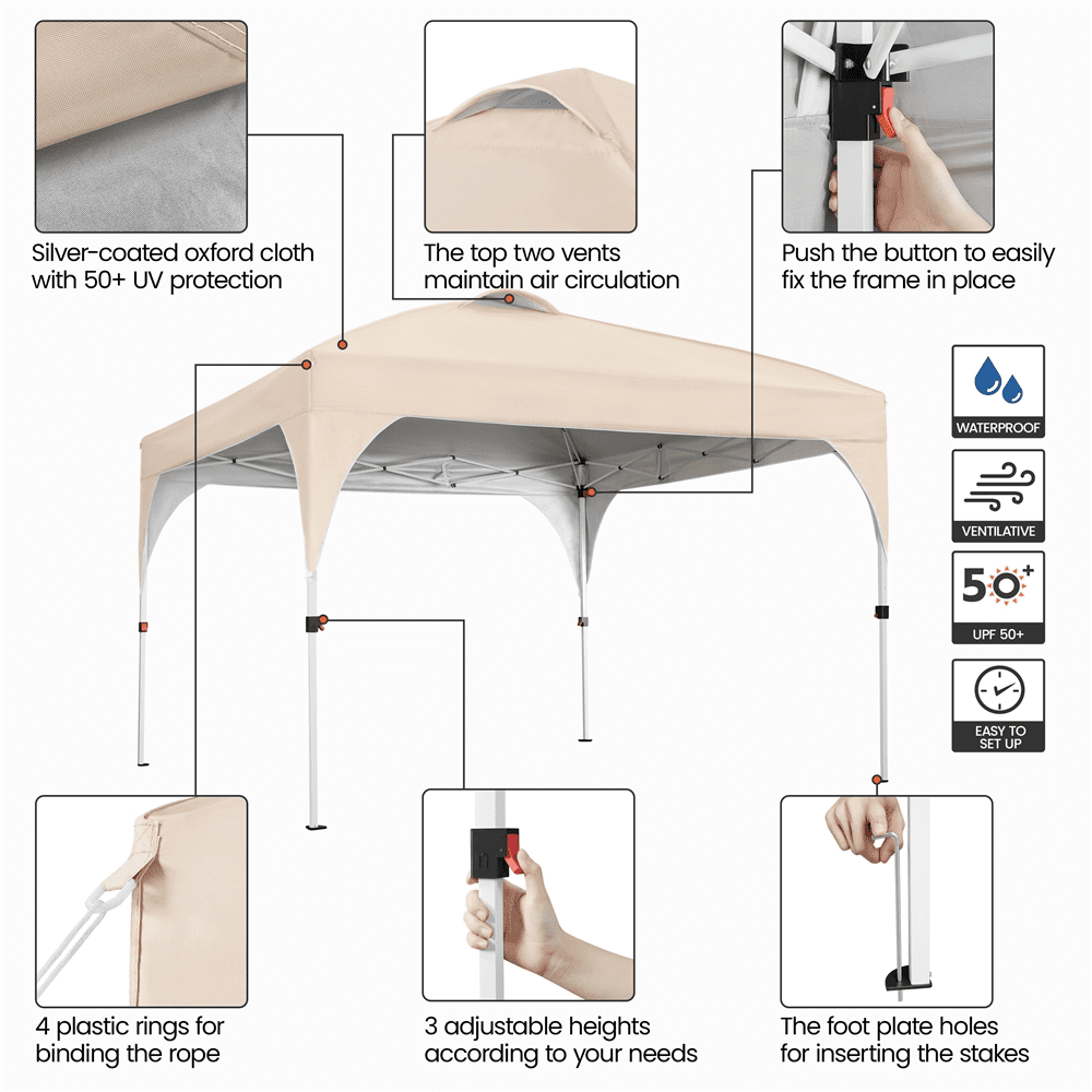 Renwick 10x10ft Portable Pop-up Canopy Tent with Roller Bag & Sandbags, Beige