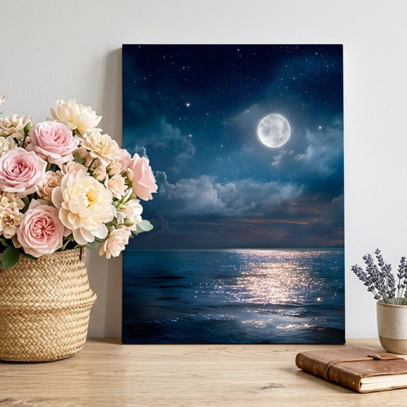 Canvas Wall Art Moonlight Ocean Waves Canvas Art Print Coastal Full Moon Navy Blue Night Sea Sky Pictures Wall Decor for Living Room Bedroom Artwork Decorations Stretched Framed Ready to Hang 12"x16"