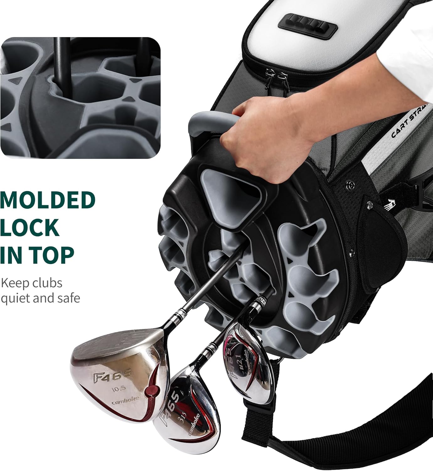 Silent Golf Cart Bag, Molded Lock Top Bag with 14-Way Full-Length Dividers Large Capacity Cooler Pocket Padded Strap Golf Club Bag with Rain Hood for Trolley Players,Grey