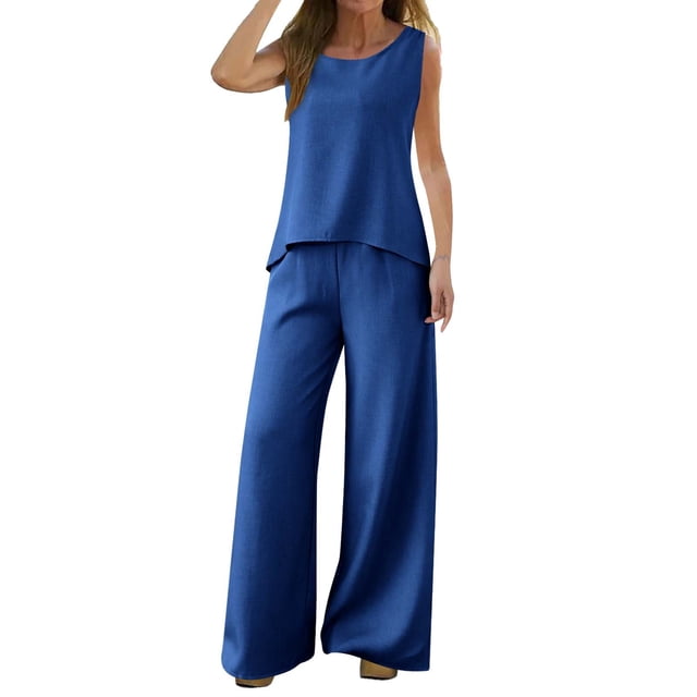 Conjunto de dos piezas de verano para mujer con chaleco sin mangas de color liso y espalda hueca de encaje - Poliéster, cuello cuadrado, pantalones de pierna ancha - Tallas S-XXL