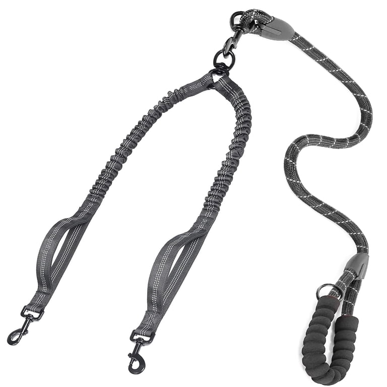 Dinosam Double Dog Leash with 360° Swivel, Black photo 1