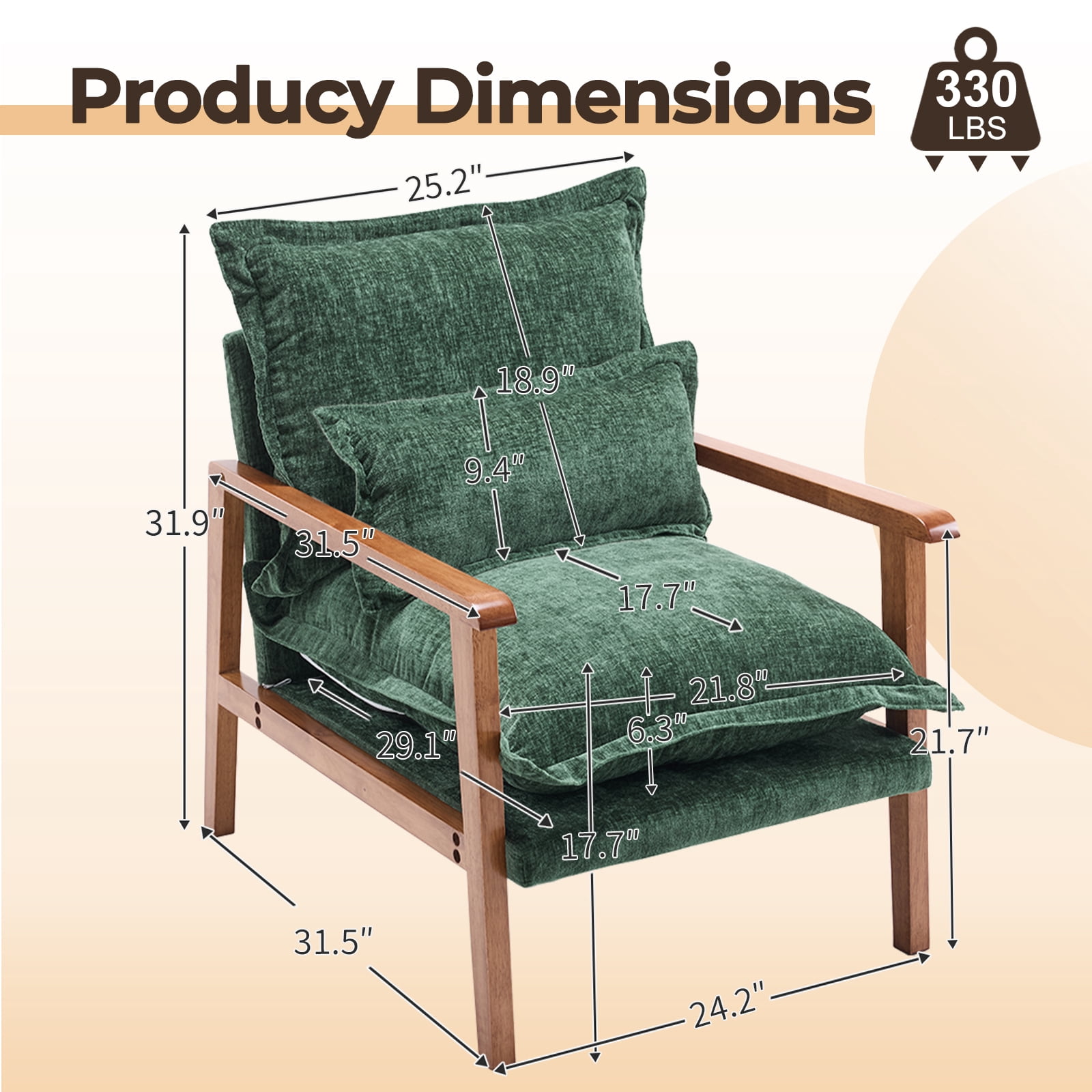 Cloud Shaped Dark Green Chenille Accent Chair, Solid Wood Frame with Walnut Armrest, Ergonomic Single Leisure Sofa Chair with Lumbar Pillow for Bedroom Living Room Office