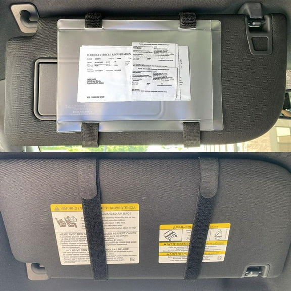 Elastic Hook & Loop Document Holder for Vehicle Visor. Perfect for Insurance & Registration. 2 Black Elastic Hook & Loop Straps. Side Opening. Made in USA