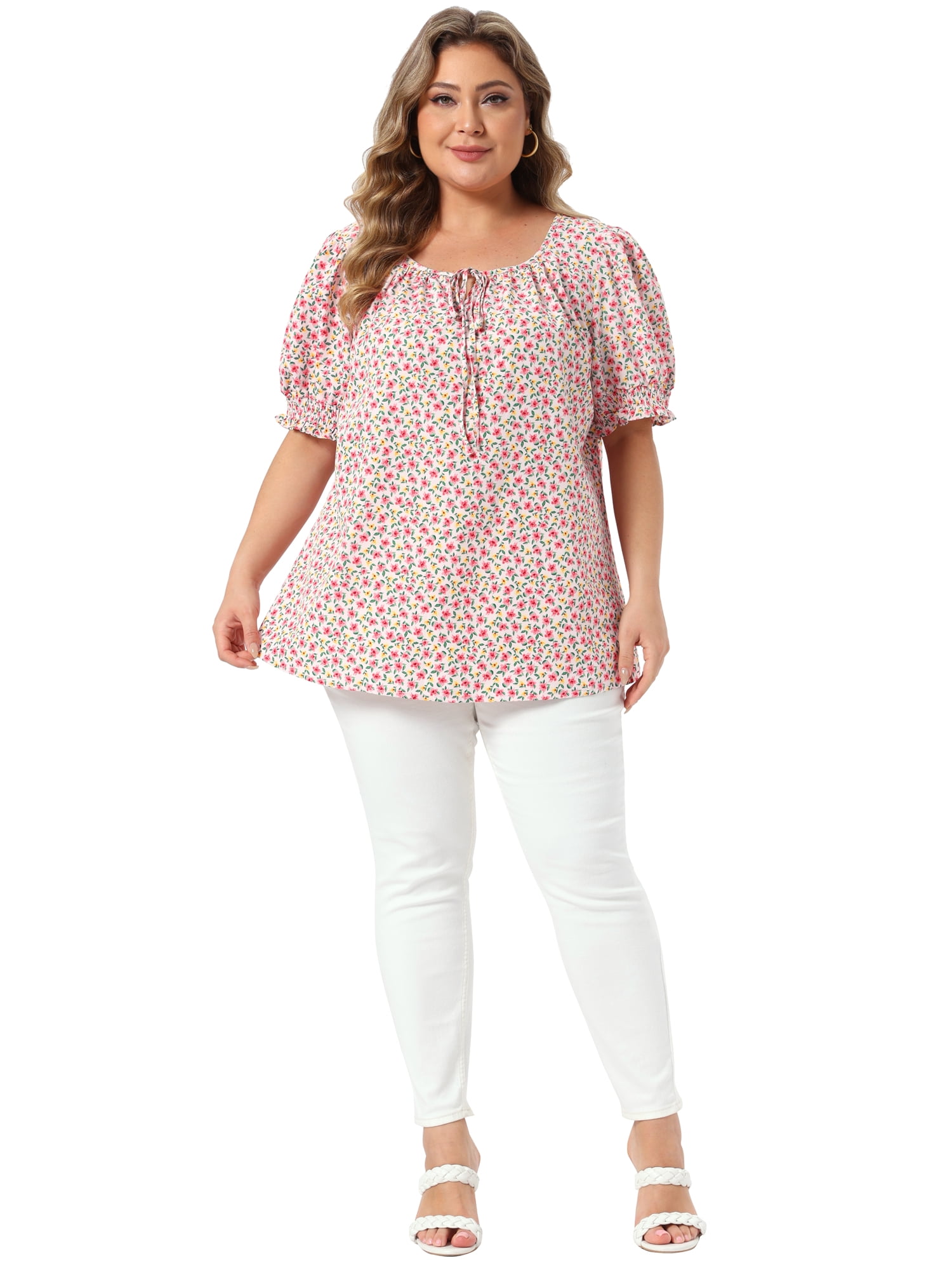 DARING DIVA Women's Plus Tops Scoop Neck Notch V Tie Front  Floral Summer Blouses 4X Pink