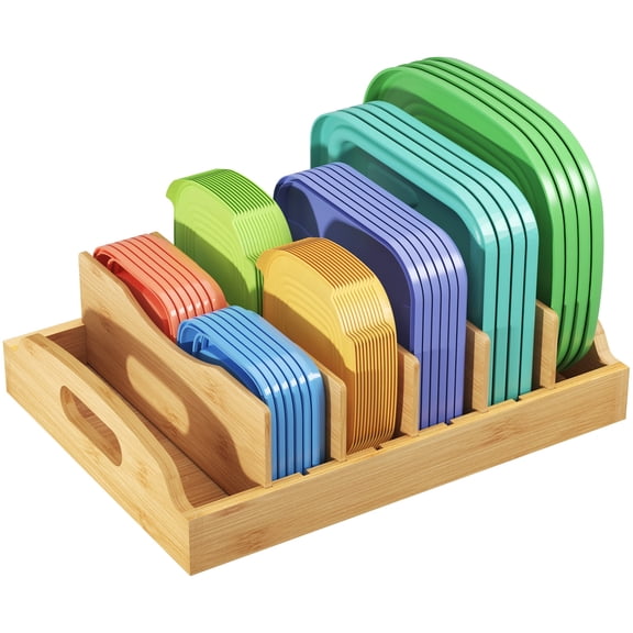 Lifewit Bamboo Lid Organizers for Inside Cabinet, Food Storage Container Lid Holder with 5 adjustable Inserts & 6 Compartments, Lid Storage for Kitchen Pantry Organization, 13.2" X 10"