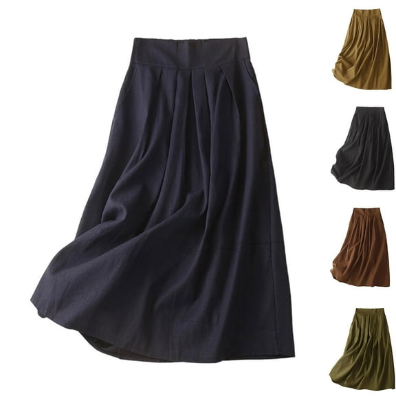 QATAINLAV Midi Skirt for Women High Waisted A Line Fall Winter Skirts Linen Comfy Solid Casual Pleated Skirt, Blue, XXL, Mother's Day Gifts