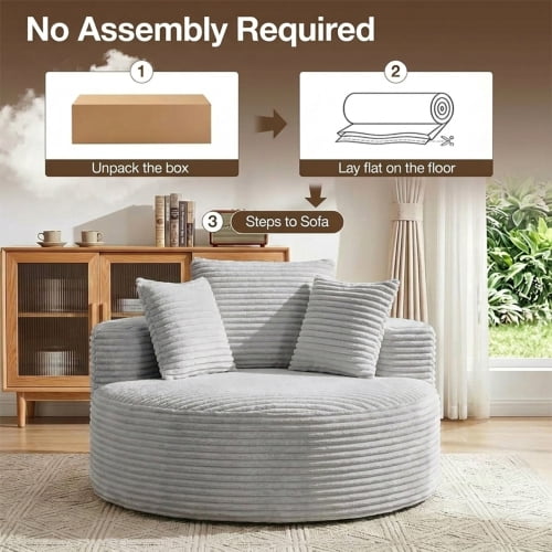 55-Inch Oversized Round Chaise Lounge Chair, Modern Corduroy Boneless Floor Sofa with 3 Pillows, Deep Seat Circular Couch for Living Room, Bedroom & Movie Room, Light Gray