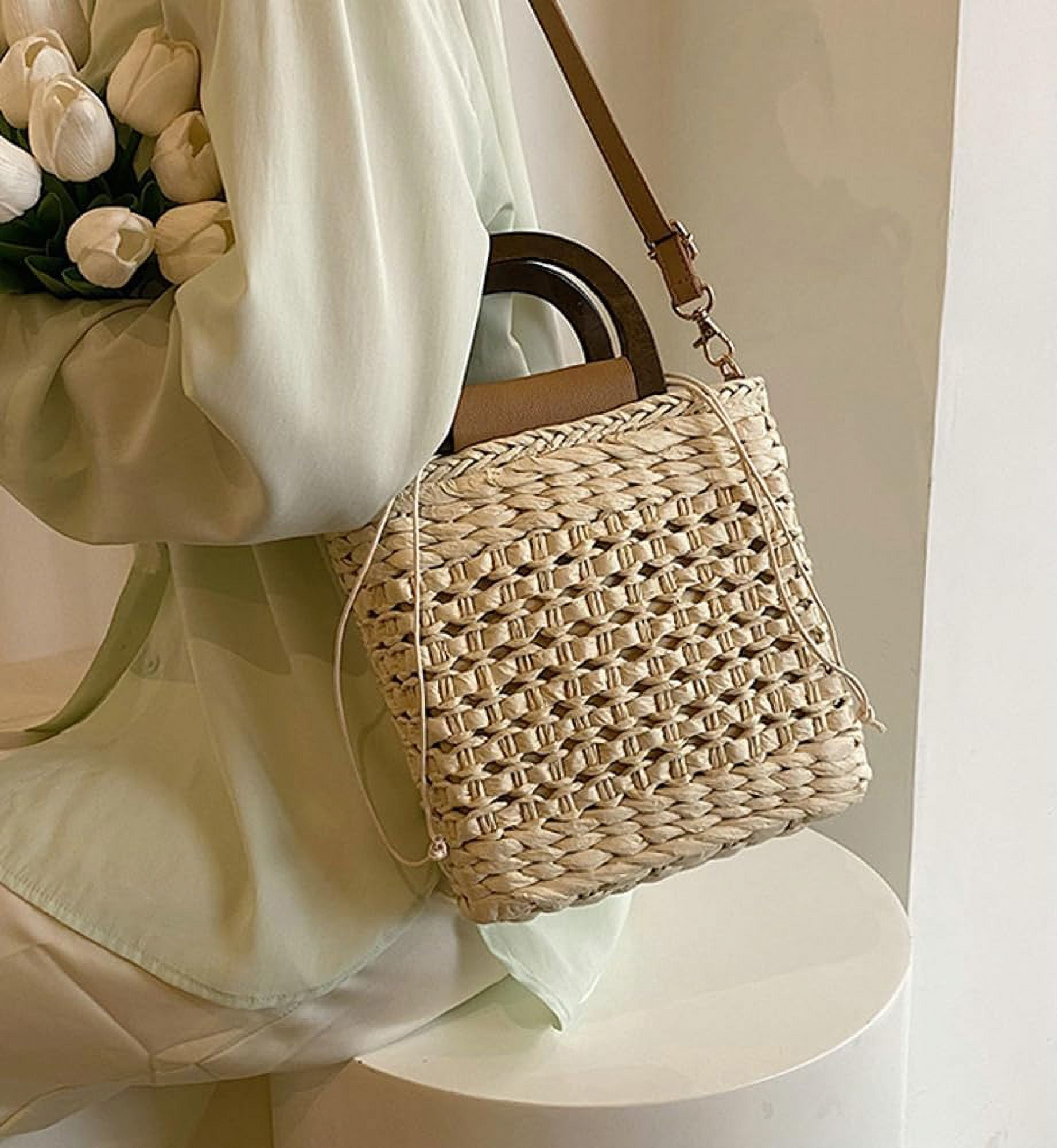 Municipal Women Straw Handbag Beach Bag Woven Rattan Crossbody Bags Handmade Leather Straps Satchel Clutch Purse Summer Vacation