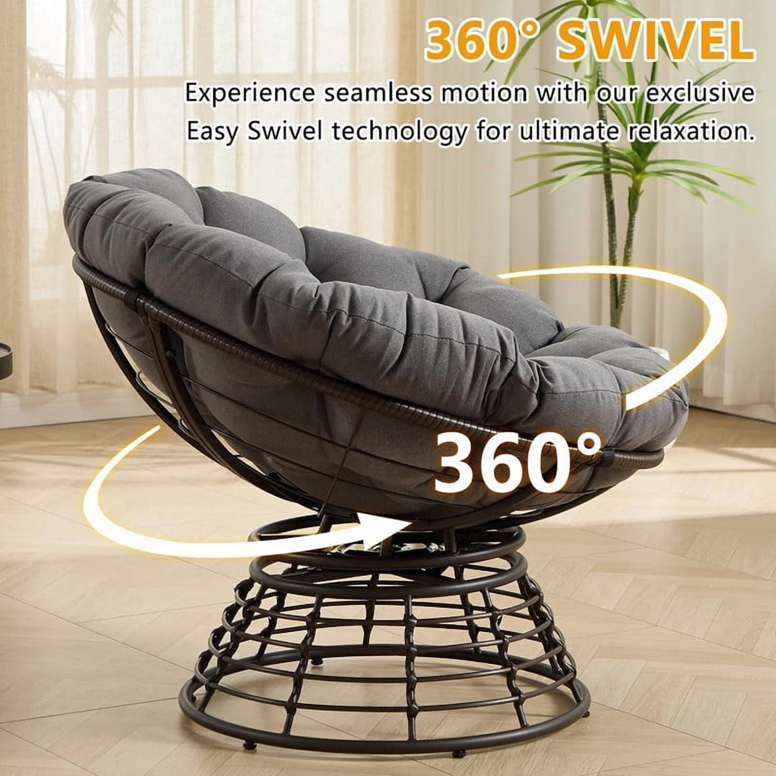 Ergonomic Wicker Papasan Chair, 360° Swivel Chair with Soft Thick Cushion for Living Room, Bedroom, Reading Room