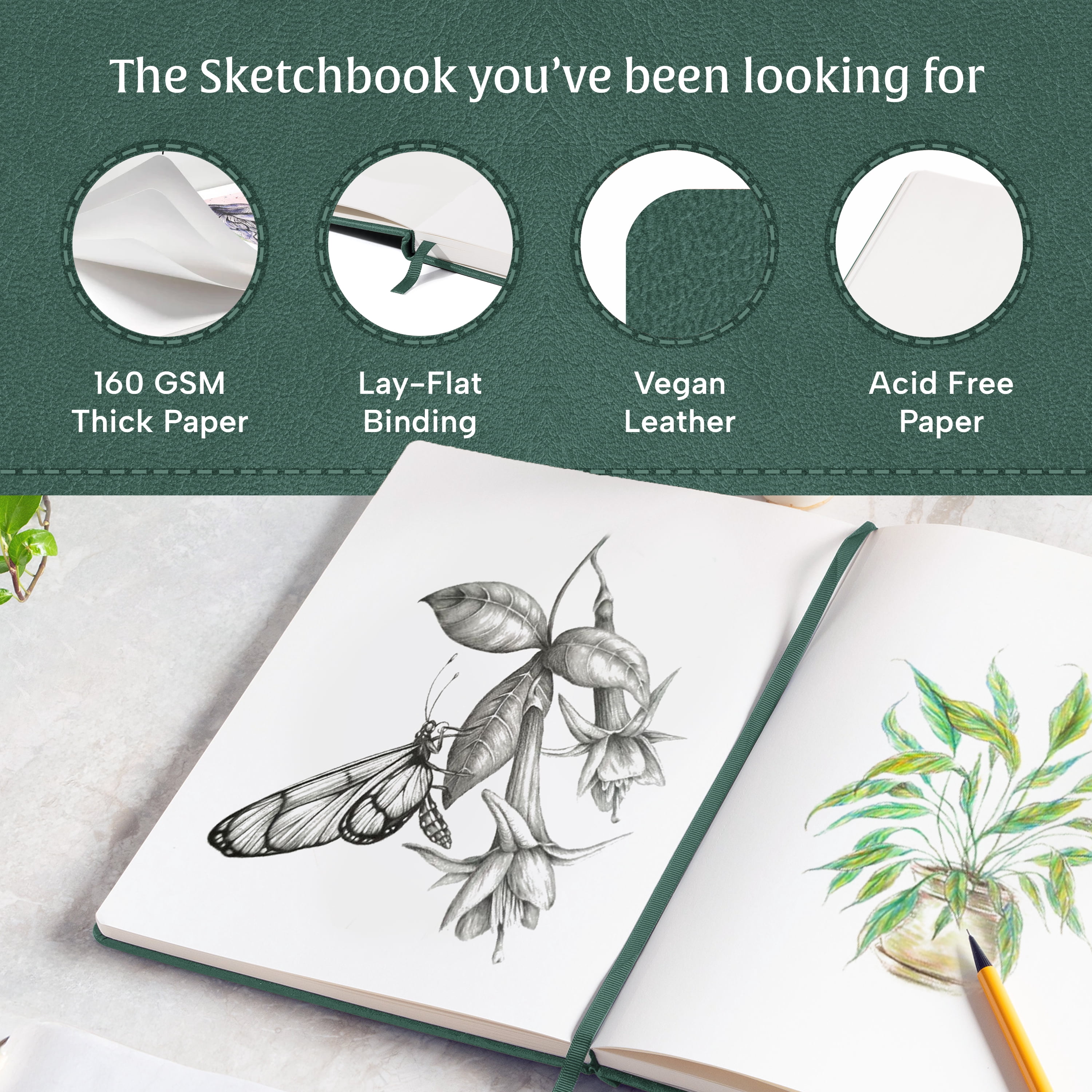 Beechmore Books A4 Sketchbook – 8.5x11" Premium Vegan Leather Bound Large Sketch Book Hardcover With 156 Thick 160gsm Perforated Ivory Pages, Blank Sketch Pad, Gift Boxed, Back Pocket Ribbon Bookmark