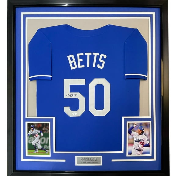 Framed Autographed/Signed Mookie Betts 35x39 Los Angeles LA Blue Baseball Jersey JSA COA