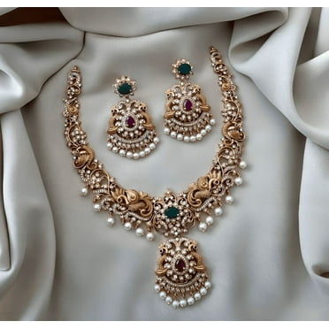 Peacock Matte Gold Finish Bridal Necklace & Jhumka Earrings Set with AD Ruby Green Kemp Stones - South Indian Antique Jewelry for Weddings