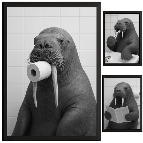 Walrus Bathroom Decor, Wall Art, Farmhouse Photo Picture Set, 3pk, 8.5x11, TheNameStore