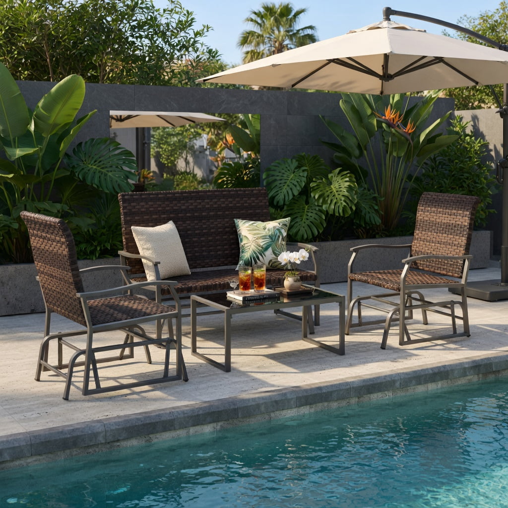 Hommoo 4-Piece All-Weather Wicker Patio Glider Set with Tempered Glass Coffee Table, PE Rattan Loveseat & Single Glider, Outdoor Swing Furniture for Backyard, Poolside & Porch, Brown