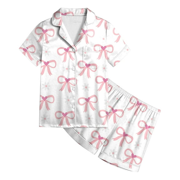 FYDUU Girls Pajamas Girls' Bow Print Pajama Lapel Short Sleeve Top And Shorts Sleepwear Two Piece Outfit Kids Cute Pajama Nightwear Loungewear Adorable Clothes