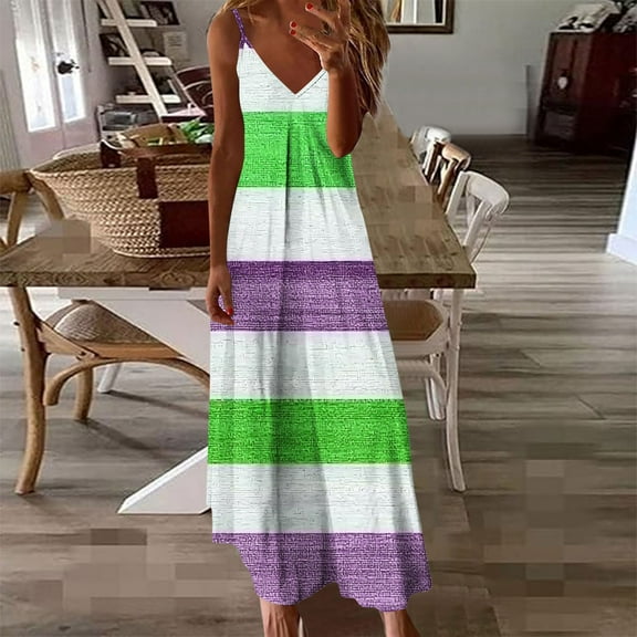 Women's Summer Dress Sleeveless V Neck Stripe Print Pleated Maxi Dress with Straps for Beach Resort Seaside Outings Casual Dress