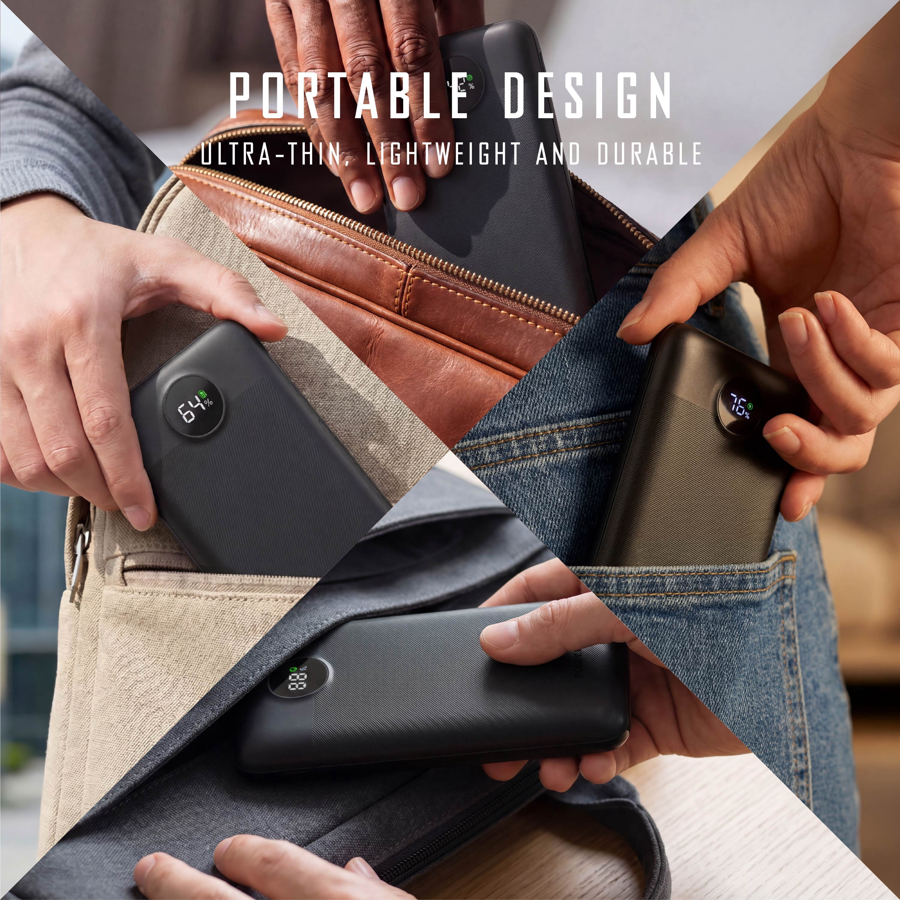 Pocket Juice Force 10,000mAh Portable Charger Power Bank – Slim Portable Phone Charger with Built-in USB-C & Lightning Cables