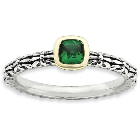 Stackable Expressions Checker-Cut Created Emerald Sterling Silver and 14kt Gold Ring