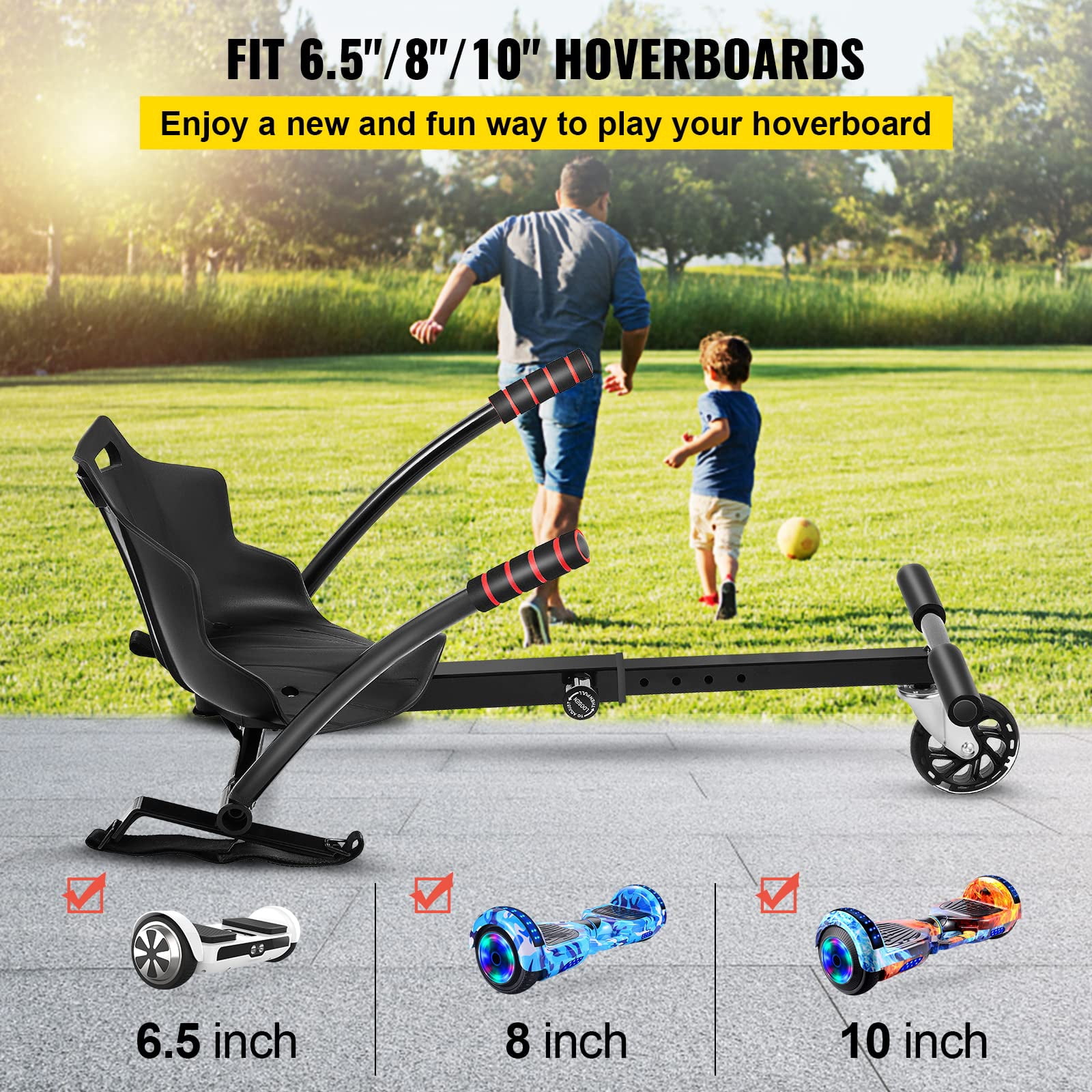 KFFKFF Hoverkart Seat Kit for 6.5'' 8'' 10'' Balance Scooters, Convertible Go-Kart with LED Lights for Children and Adults, Black, with Adjustable Frame