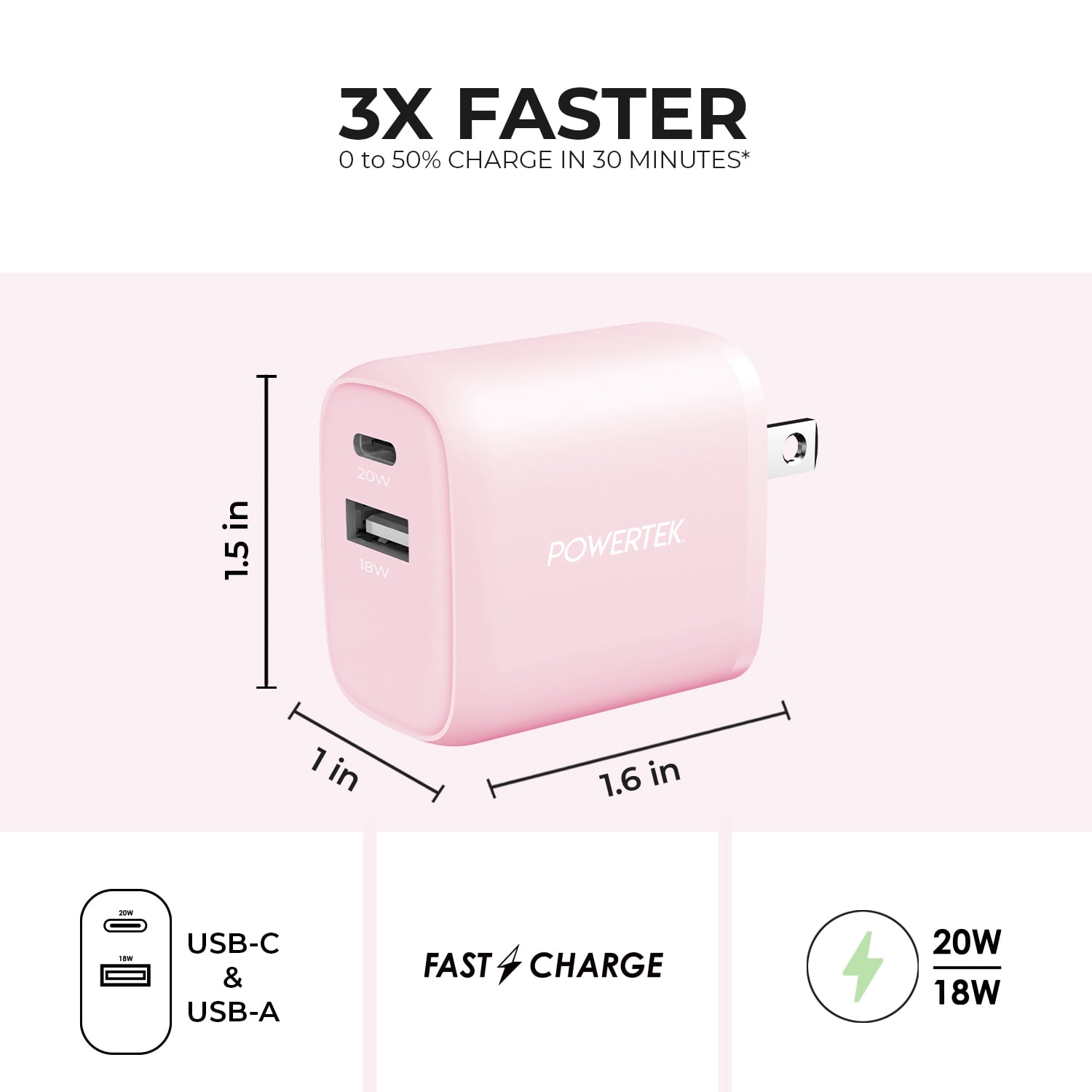 Liquipel Powertek Pastel Dual USB-A / USB-C Wall Charger - Light Pink