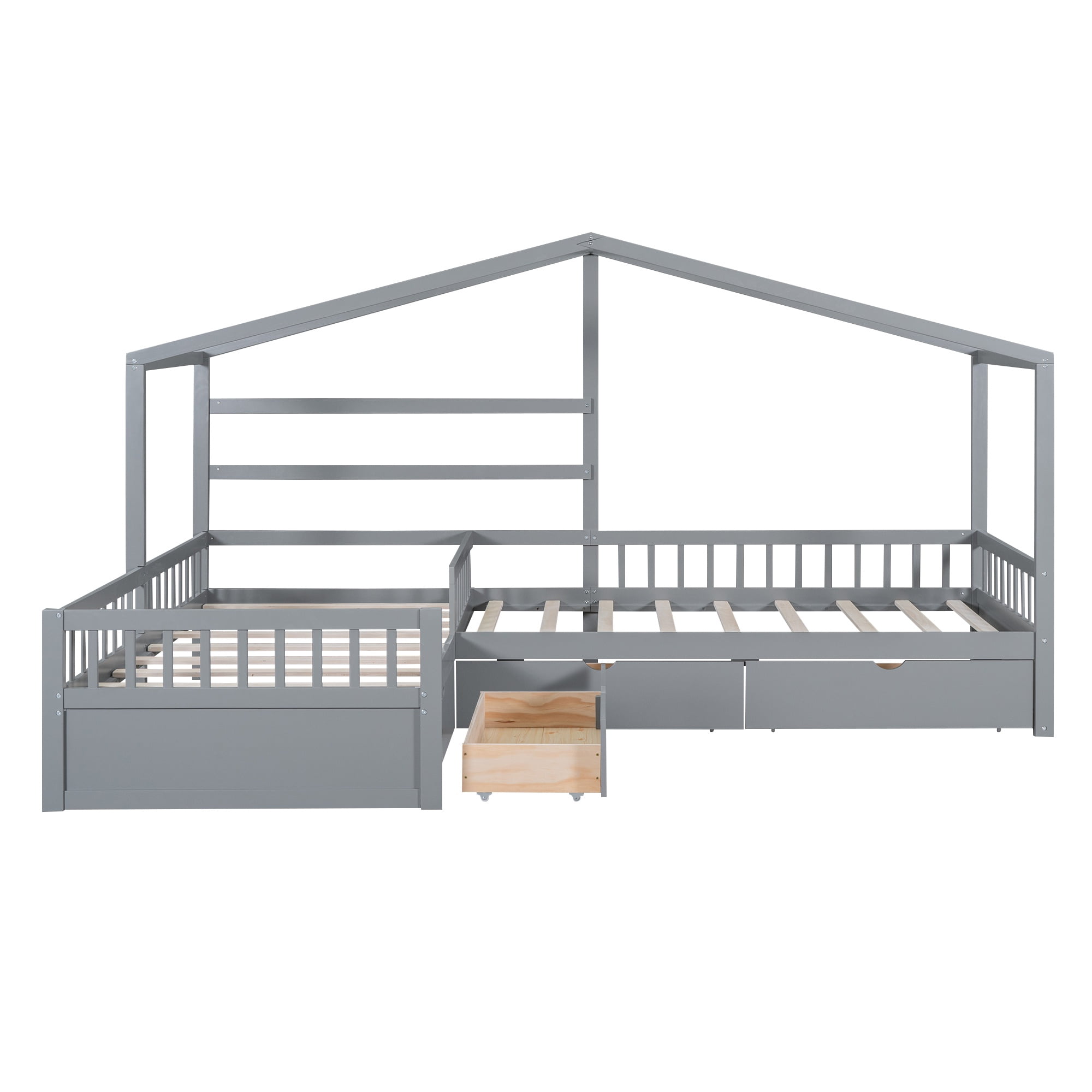 Bellemave House Bed Double Twin Beds, Wood L-Shape Twin Bed with 3 Storage Drawers, Montessori Bed with Roof and Fencefor Toddler Kids Girls Boys (Gray)