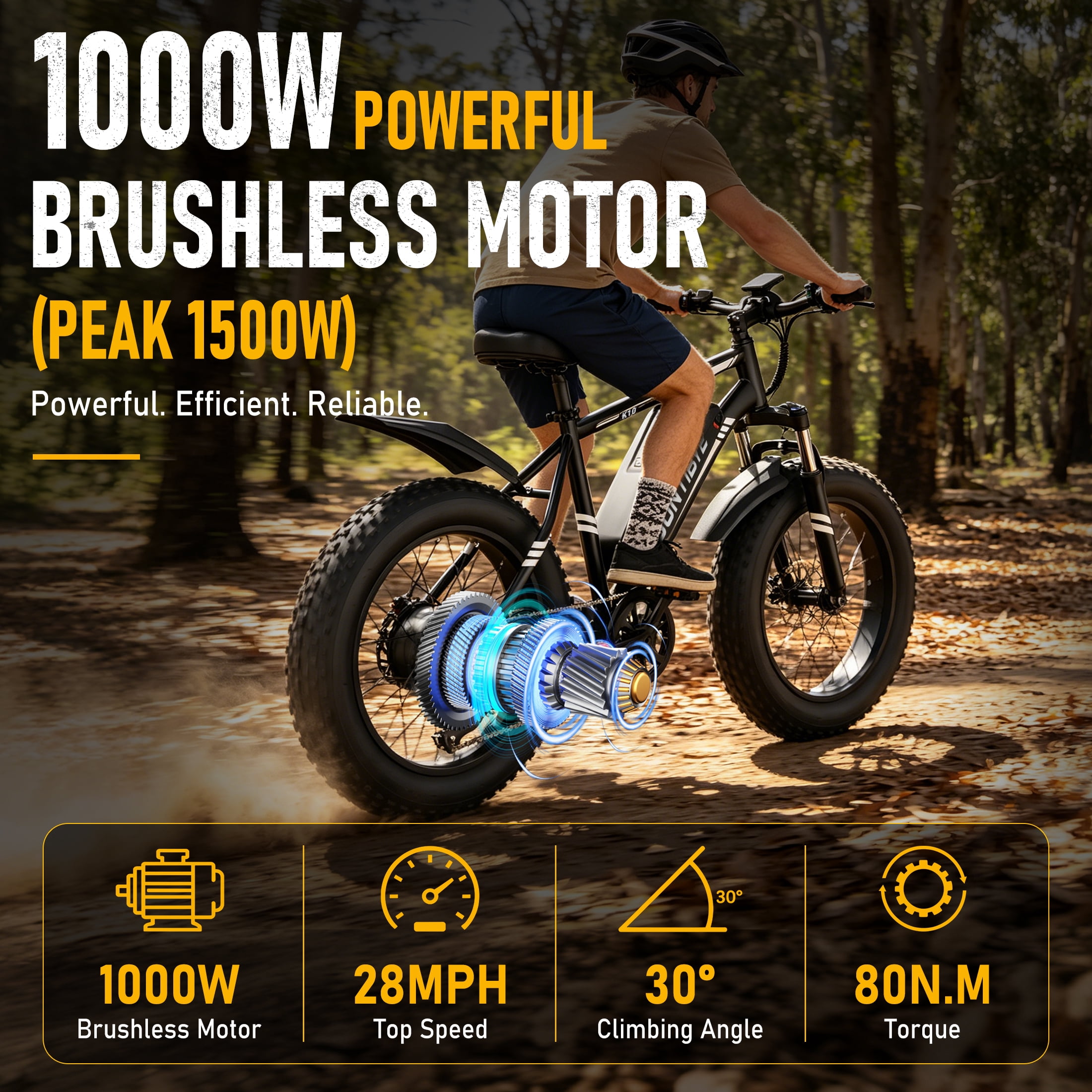 AMYET 1000W Electric Bike, 20" Fat Tire Ebike 28MPH 48V 15Ah E-Mountain Bicycles UL2849 Black