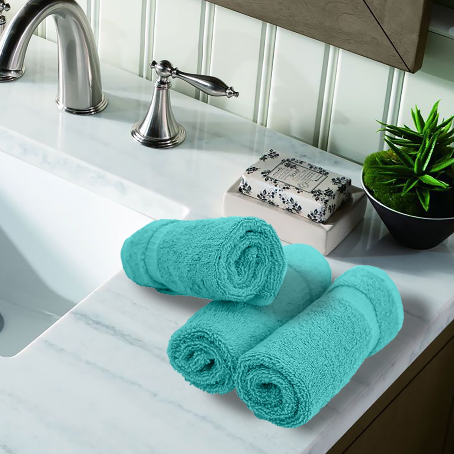 Luxury Hotel Spa Towel Turkish Cotton Washcloths Aqua Dobby Border Set of 6 Walmart