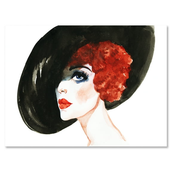Designart ' Portrait of Woman Red Head Lady In Hat ' Modern Canvas Wall Art Print