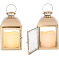 thumbnail image 4 of Gold Decorative Candle Lanterns - 8 Inch Battery Operated Metal Lantern, Flickering Warm White LED Light, Batteries & Timer Included - 2 Pack (Gold with Candle), 4 of 6