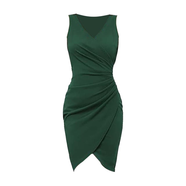 Vestido sexy de fiesta sin mangas con cuello en V, plisado y color liso para mujer