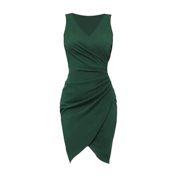 Vestido sexy de fiesta sin mangas con cuello en V, plisado y color liso para mujer